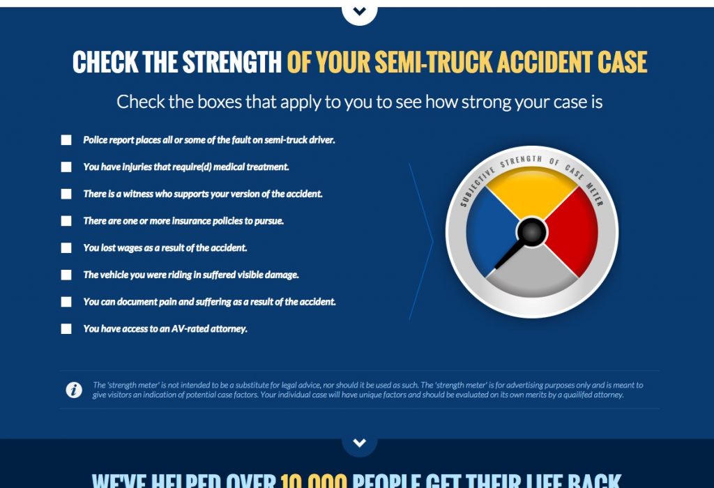 The full-page rendering includes infographic-style data, video specific to the query, a strength-of-case tool, redesigned visual scheme and Disqus-integrated comments section. 